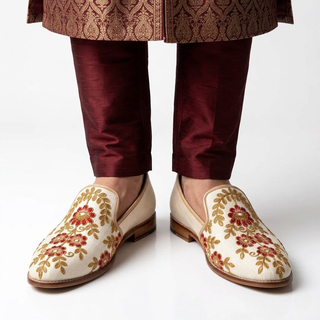 Creme Embroidery Loafers Mojri for Men