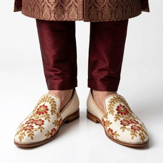 Creme Embroidery Loafers Mojri for Men