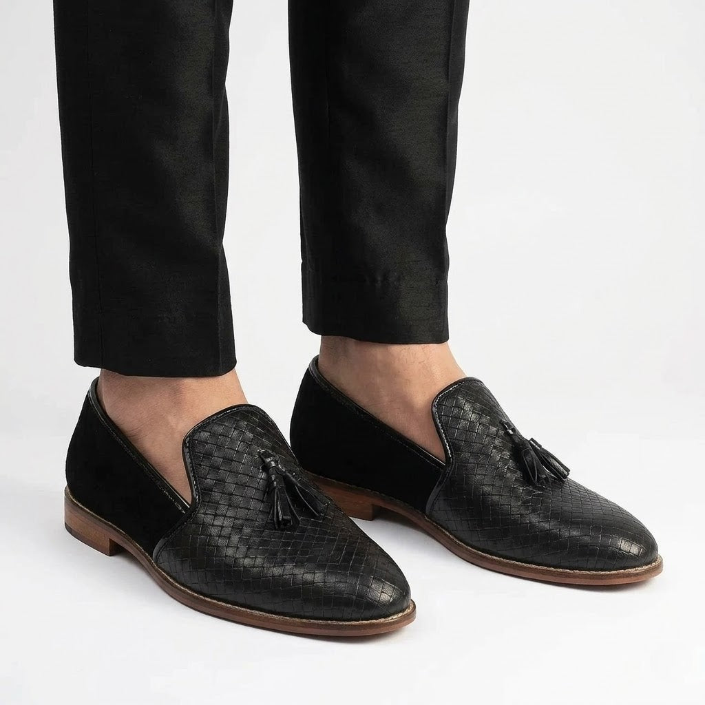 Black Checkered Tassel Slip-on Shoes Dress and Party Shoes for Men