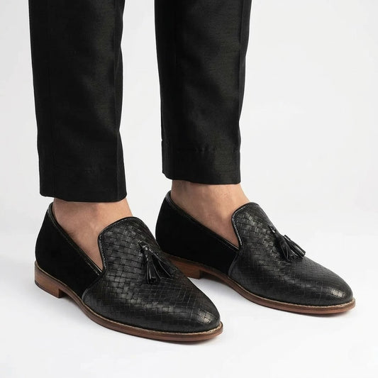 Black Checkered Tassel Slip-on Shoes Dress and Party Shoes for Men