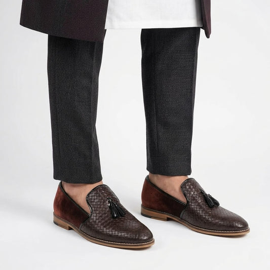 Brown Checkered Tassel Slip-on Shoes Dress and Party Shoes for Men