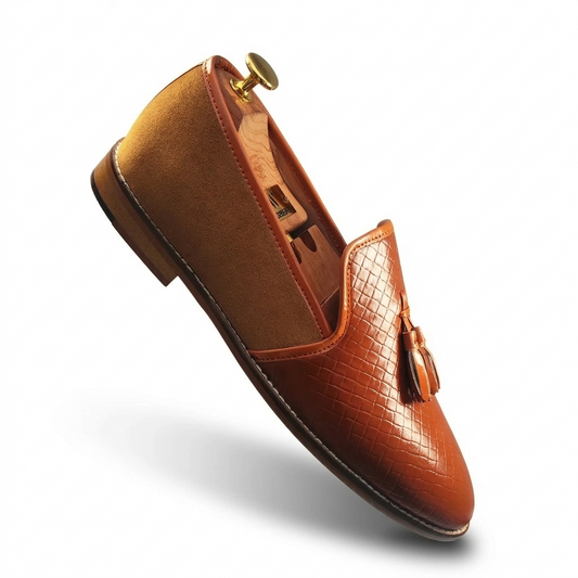 Tan Checkered Tassel Slip-on Shoes Dress and Party Shoes for Men