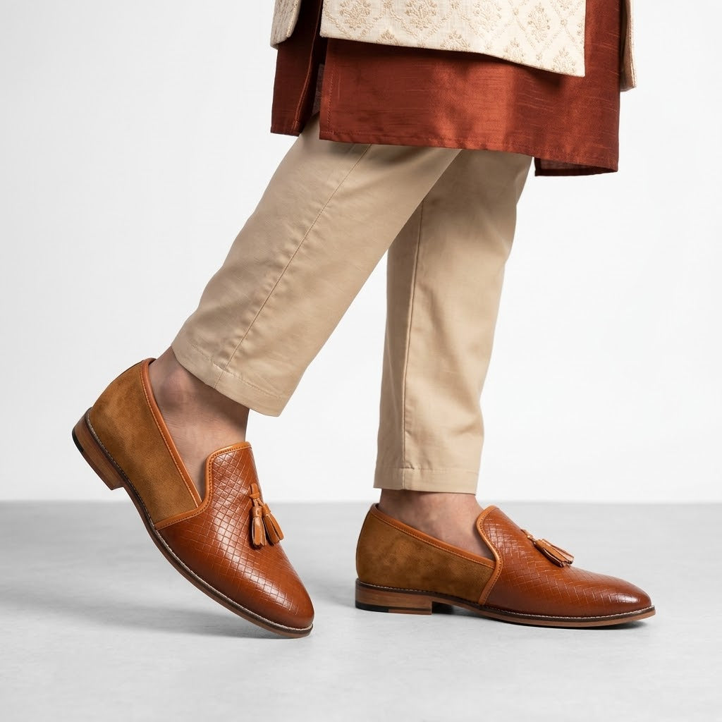 Tan Checkered Tassel Slip-on Shoes Dress and Party Shoes for Men