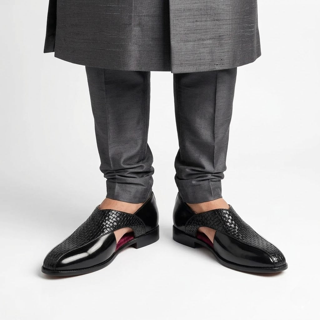 Black Pathani Sandals with Checkered Pattern