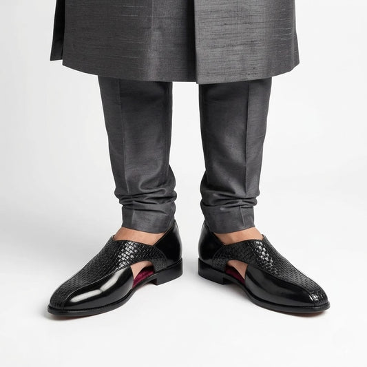 Black Pathani Sandals with Checkered Pattern