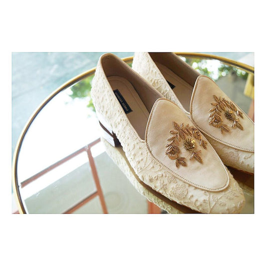Beige Velvet with Gold Zardozi Handwork on Apron