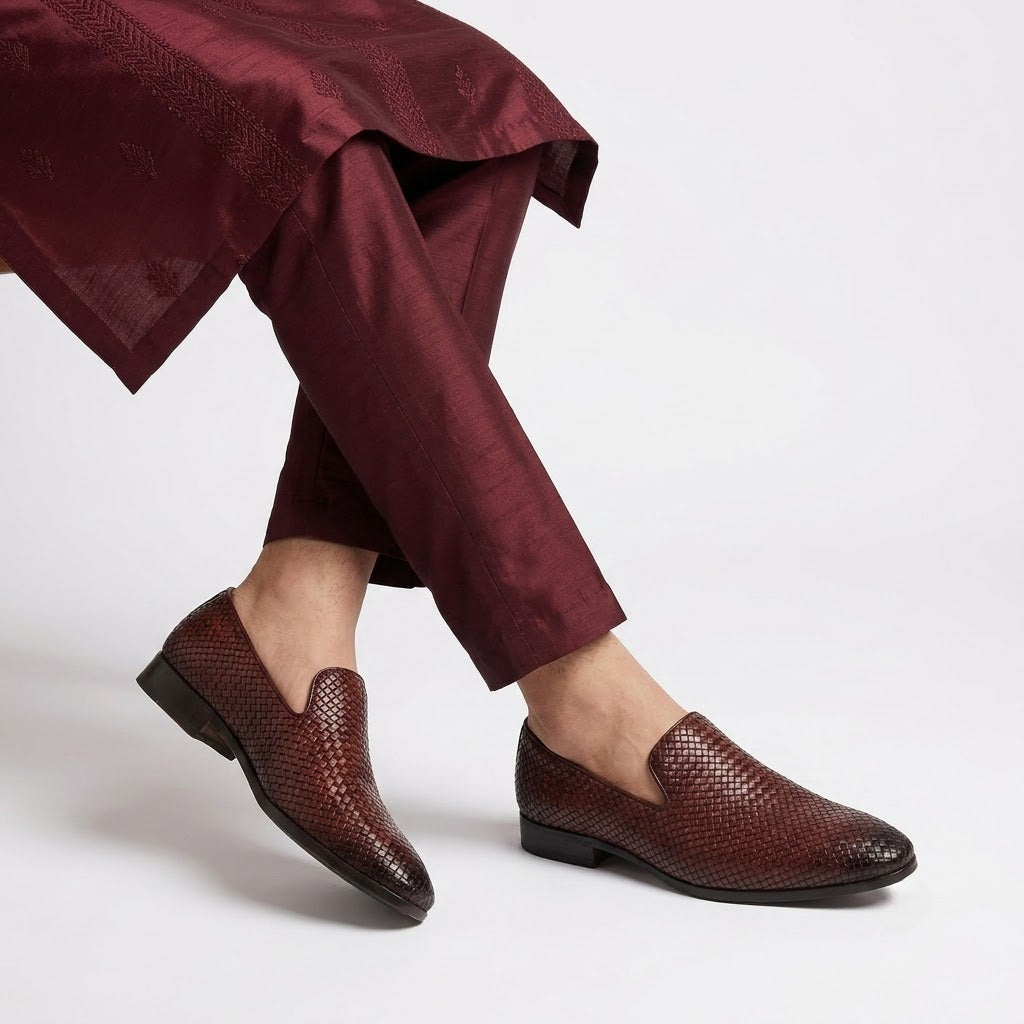 Solaz Brown Woven Loafer Slipons Shoes Made of Real Leather for Men