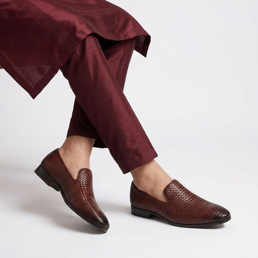Solaz Brown Woven Loafer Slipons Shoes Made of Real Leather for Men
