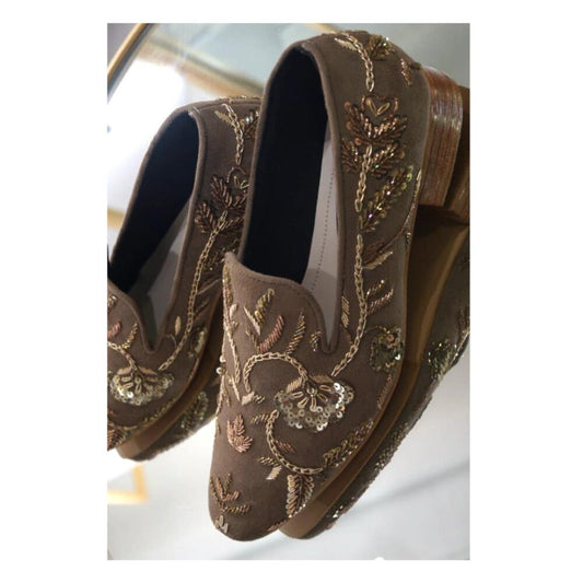 Brown Velvet Zardozi Handwork Wedding Shoes
