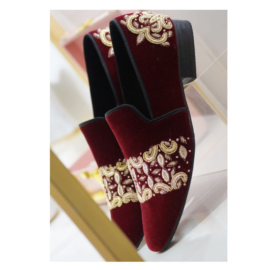 Cherry Velvet Zardozi Handwork Wedding Shoes